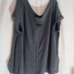 Cato Gray Waffle Top Sz 18/20W Wide Scoop Neck Short Sleeve Casual Neutral
